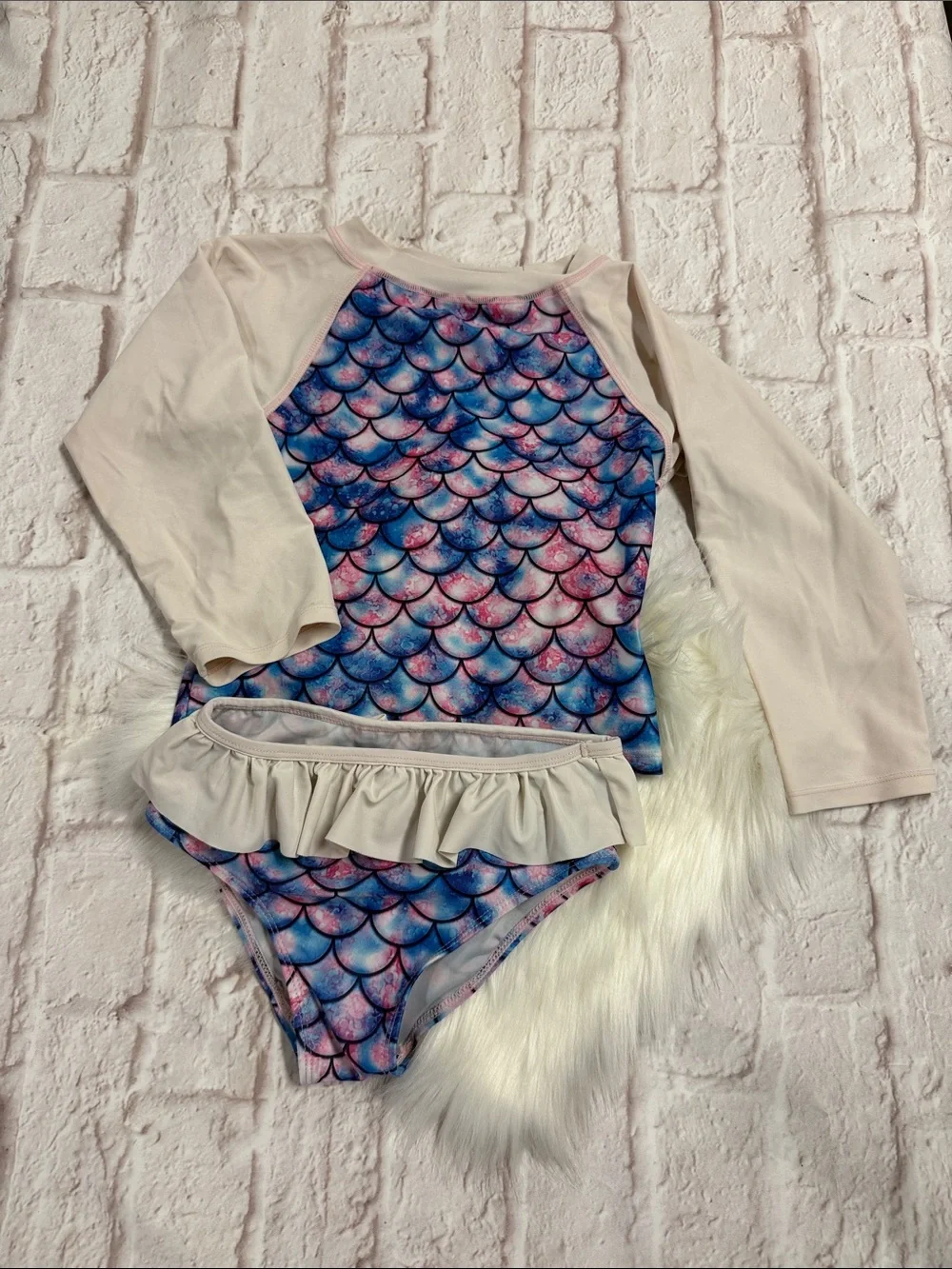 Girls Long-Sleeve Mermaid Scale Rashguard Set - Pink & Blue